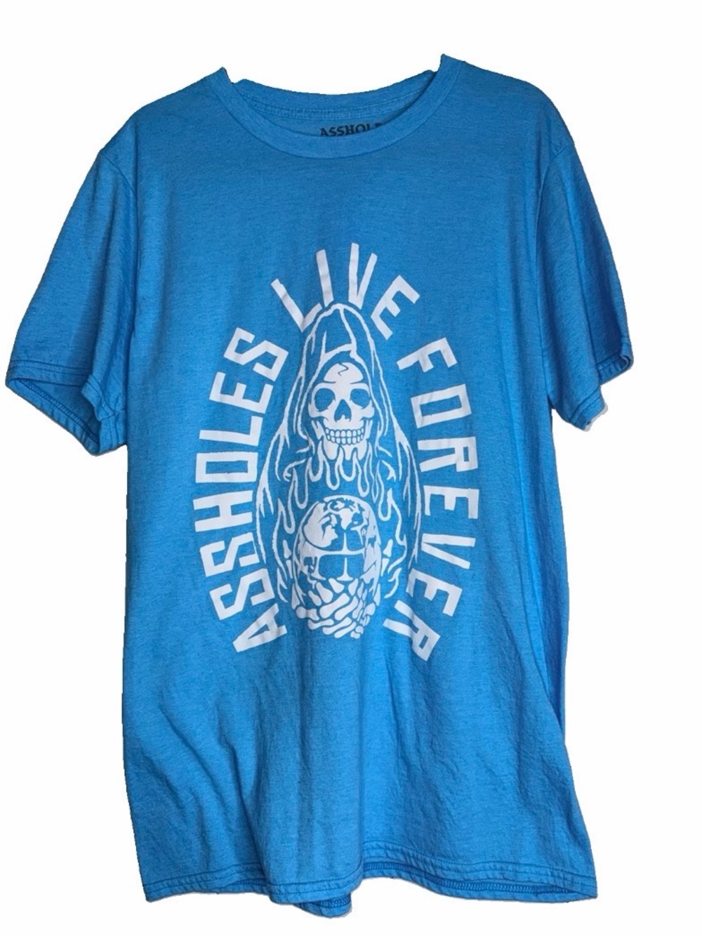 Asshol*** Live Forever Men's T-Shirt Grim Reaper Skelton Aqua Blue Size Medium
